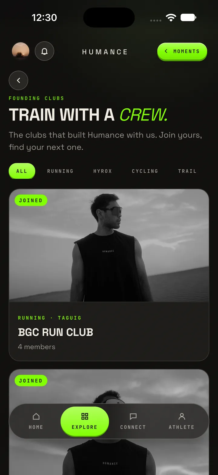 A club page: BGC Run Club with members and a join button